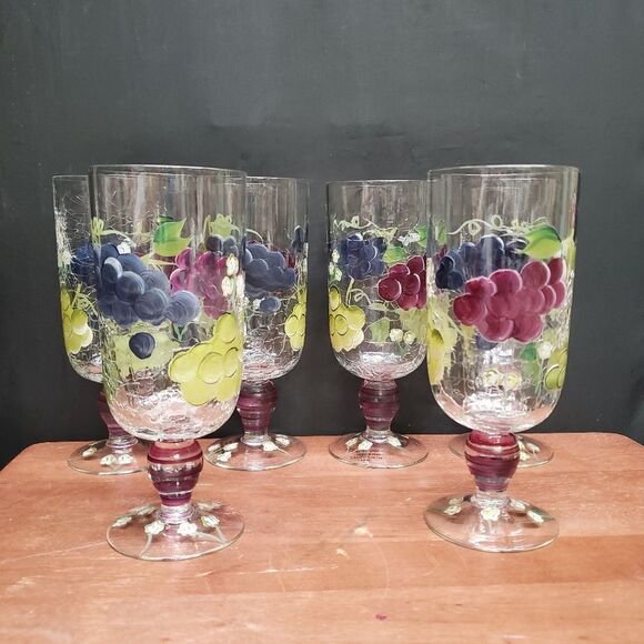 6 Vintage 1990's Crackled Glass Hand Painted Grapes Water or Iced Teas Glasses - Picture 3 of 10